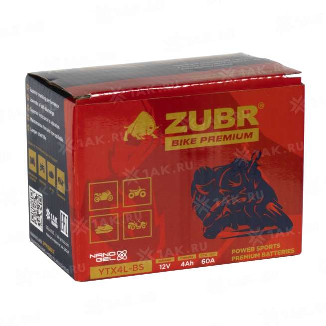 Аккумулятор ZUBR (4 Ah, 12 V) Обратная, R+ YTX4L-BS арт.YTX4L-BS (ZubrPrem) 4