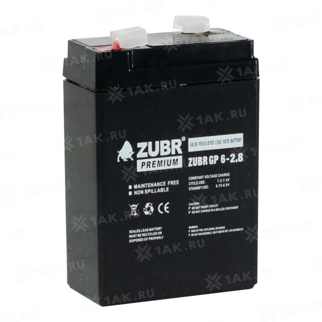 Аккумулятор ZUBR (2.8 Ач,6 V) AGM 66x33x97/103 мм 0.5 кг 9
