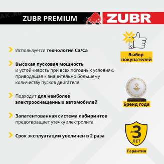 Аккумулятор ZUBR Premium (65 Ач, 12 V) Обратная, R+ LB2 арт.ZP650 4