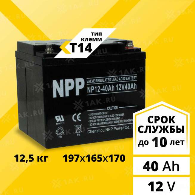 Аккумулятор NPP (40 Ач,12 V) AGM 198x166x171 мм 12.5 кг 0
