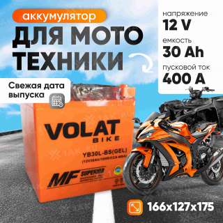 Аккумулятор VOLAT (30 Ач, 12 V) Обратная, R+ YB30L-BS арт.YB30L-BS(GEL)Volat Аккумулятор VOLAT (30 Ач, 12 V) Обратная, R+ YB30L-BS арт.YB30L-BS(GEL)Volat
