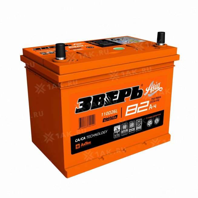 Аккумулятор ЗВЕРЬ (82 Ач, 12 V) Обратная, R+ D26 арт.ZVKА 82-З-R 1