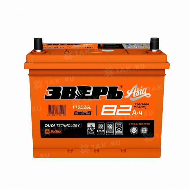 Аккумулятор ЗВЕРЬ (82 Ач, 12 V) Обратная, R+ D26 арт.ZVKА 82-З-R 0